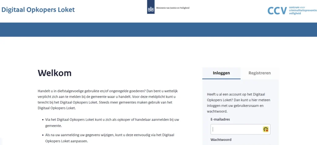 foto inlogpagina Digitaal Opkopers Loket